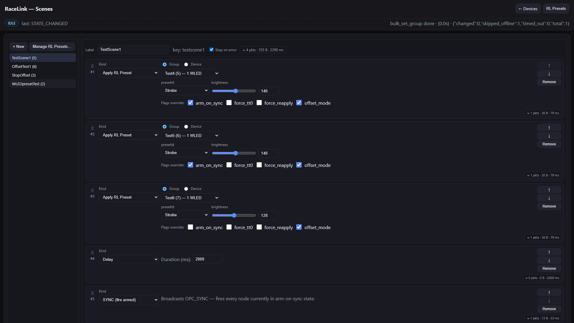 The Scenes page — sidebar with scene list and the scene-action editor